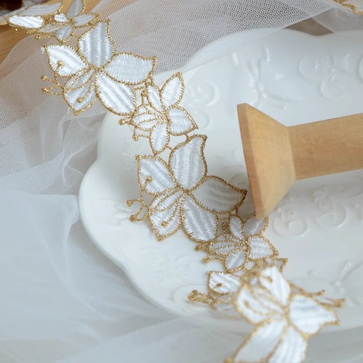 LS793 High End Gold Thread Flower Embroidery Water Soluble Lace Accessories Decorative Lace Trim for Dress Clothing