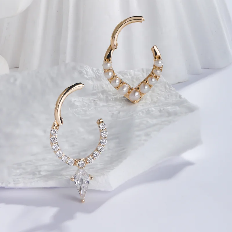 Giometal 14K Solid Gold Pearls Daith Septum Clicker ear piercing Nose body jewelry Wholesale Seamless Hinged Segment Ring