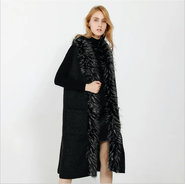AGRADECIDO Cashmere Coat Women Winter Long Vest Coat Sleeveless Fleece Fur Coat Parka With Big Fur Collar