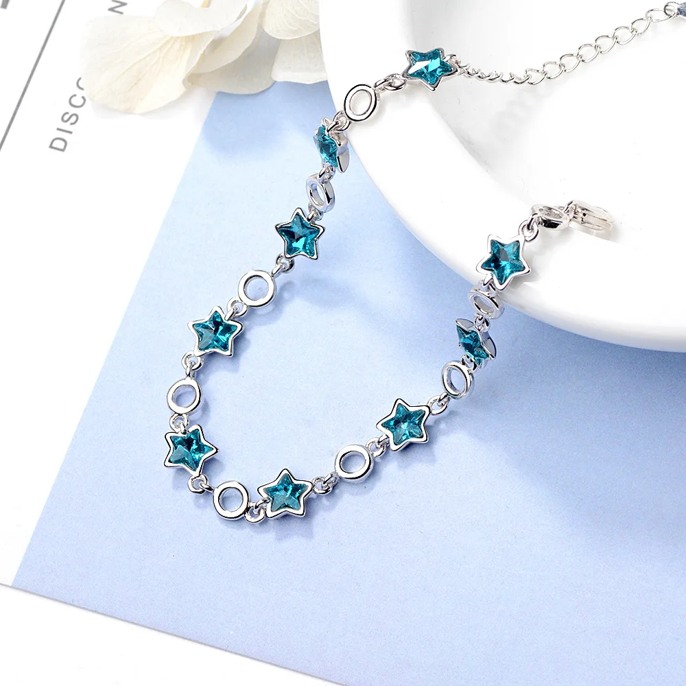 Wholesale Korean style simple blue pentagram artificial crystal cute star jewelry Bracelet  Palladium  Plated Women Jewelry