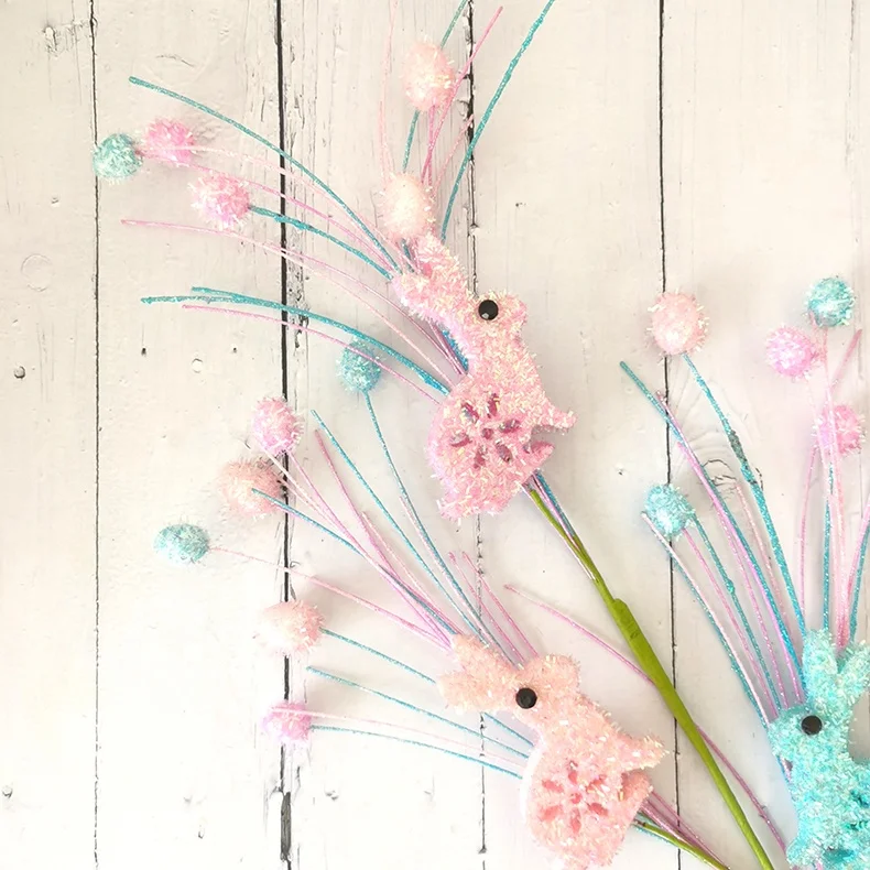 Artificial glitter egg pick spray with rabbit ornaments colorful glitter Easter decorations