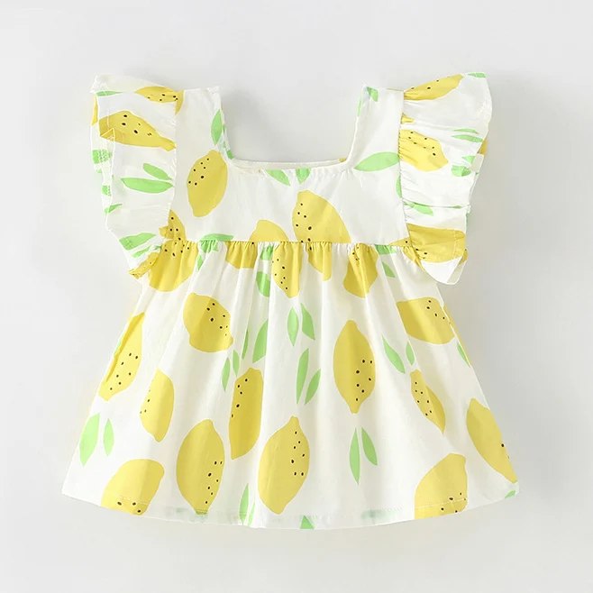 Best Selling High quality kids Lemon Print yellow green girls dress custom baby toddler girls casual dress