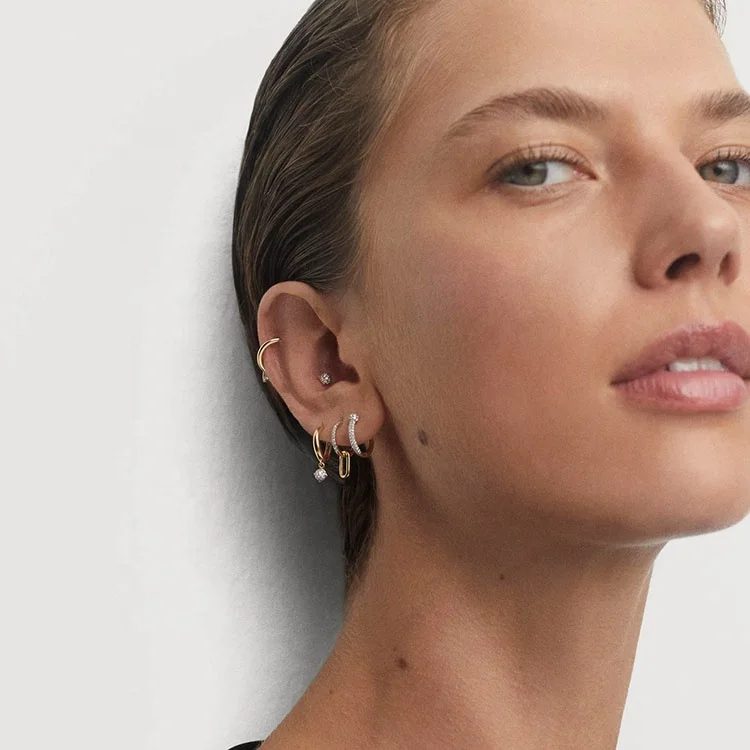 FirstMadam Trendy Hoop Earrings Hypoallegenic 18k Gold Double Circle Geometric Diamond Hoop Earring Dainty Women Minimal Jewelry