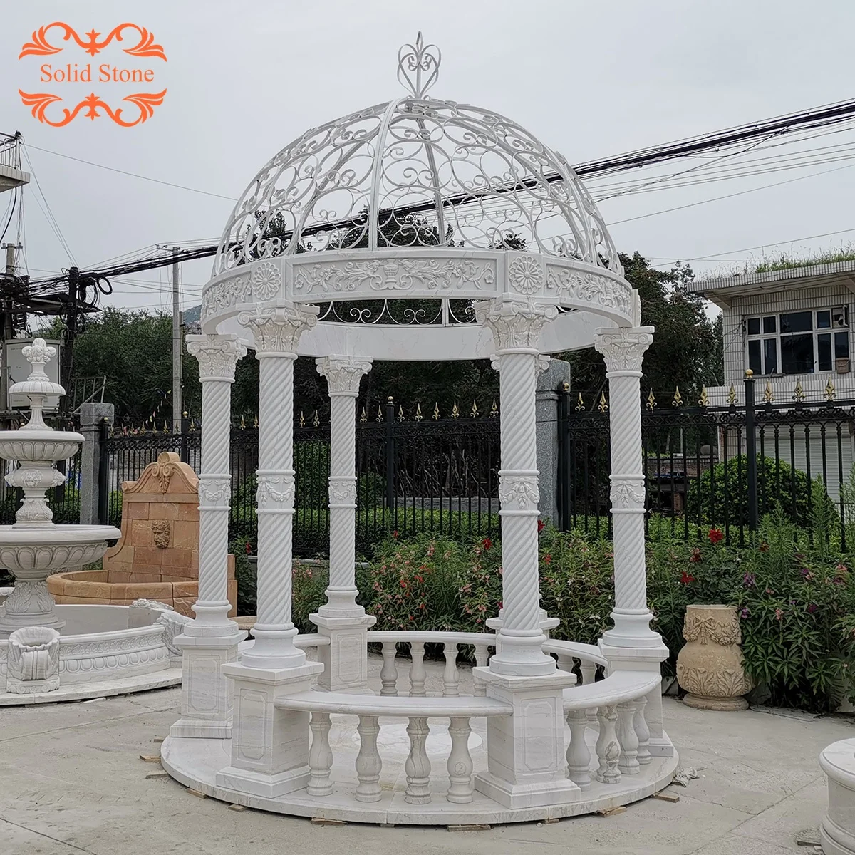 Hot selling Simple design Hand carving exquisite spiral columns white marble round stone garden gazebo