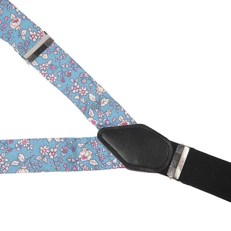 wholesale custom blue white pink floral print cotton men`s suspenders with pu earring