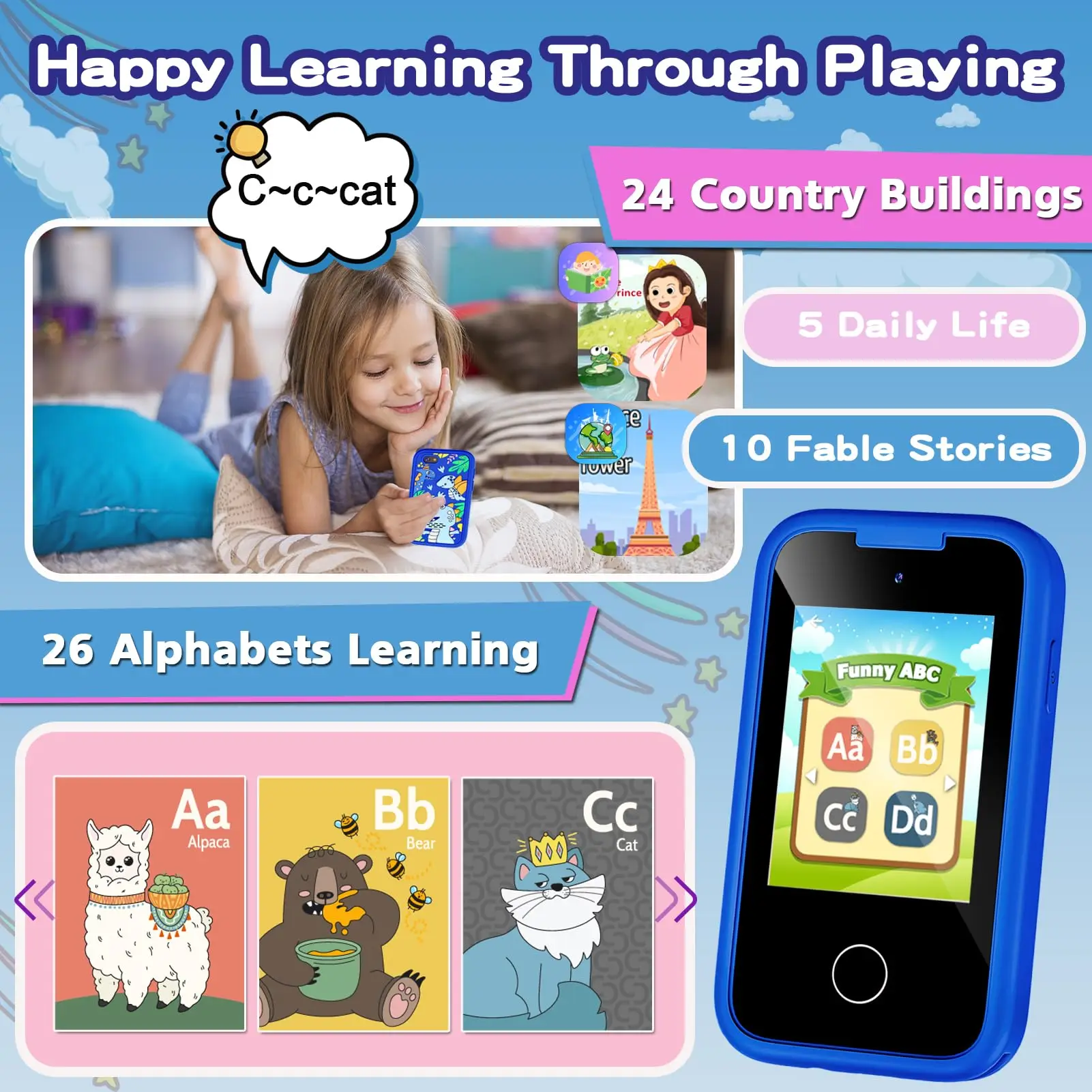 Kids Smart Phone Christmas Birthday Gifts Toys Cell Phone Touchscreen Toddler Learning Play Phone with Dual Camer
