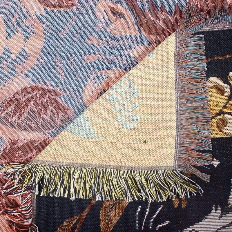 Custom Five Foxes Jacquard Tassel Throw Cotton Blend Decorative Woven Tapestry Blanket