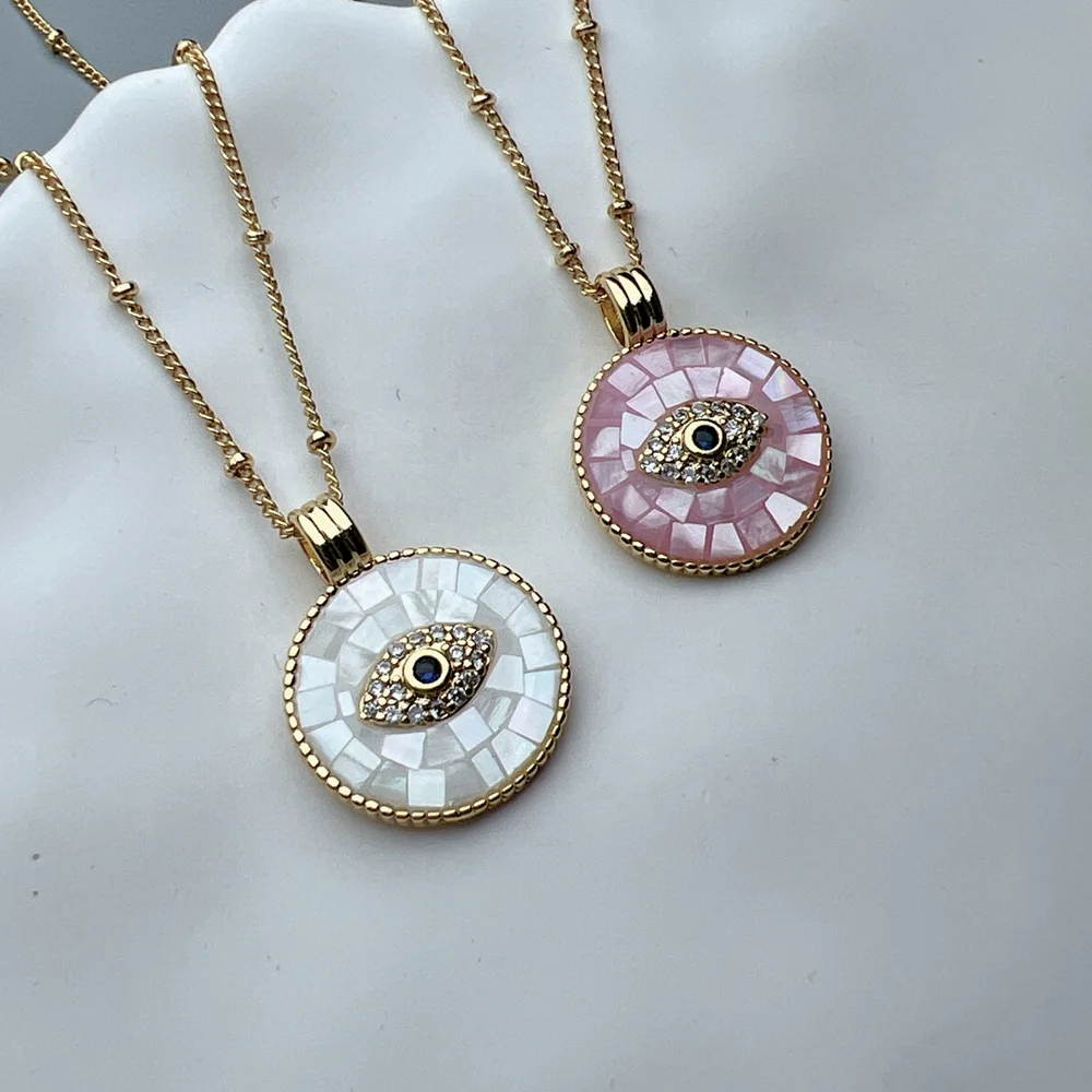 Wholesale Custom Round Pink Sea Shell Crystal Zircon Evil Eye Necklace Women PVD 18k Gold Plated Jewelry