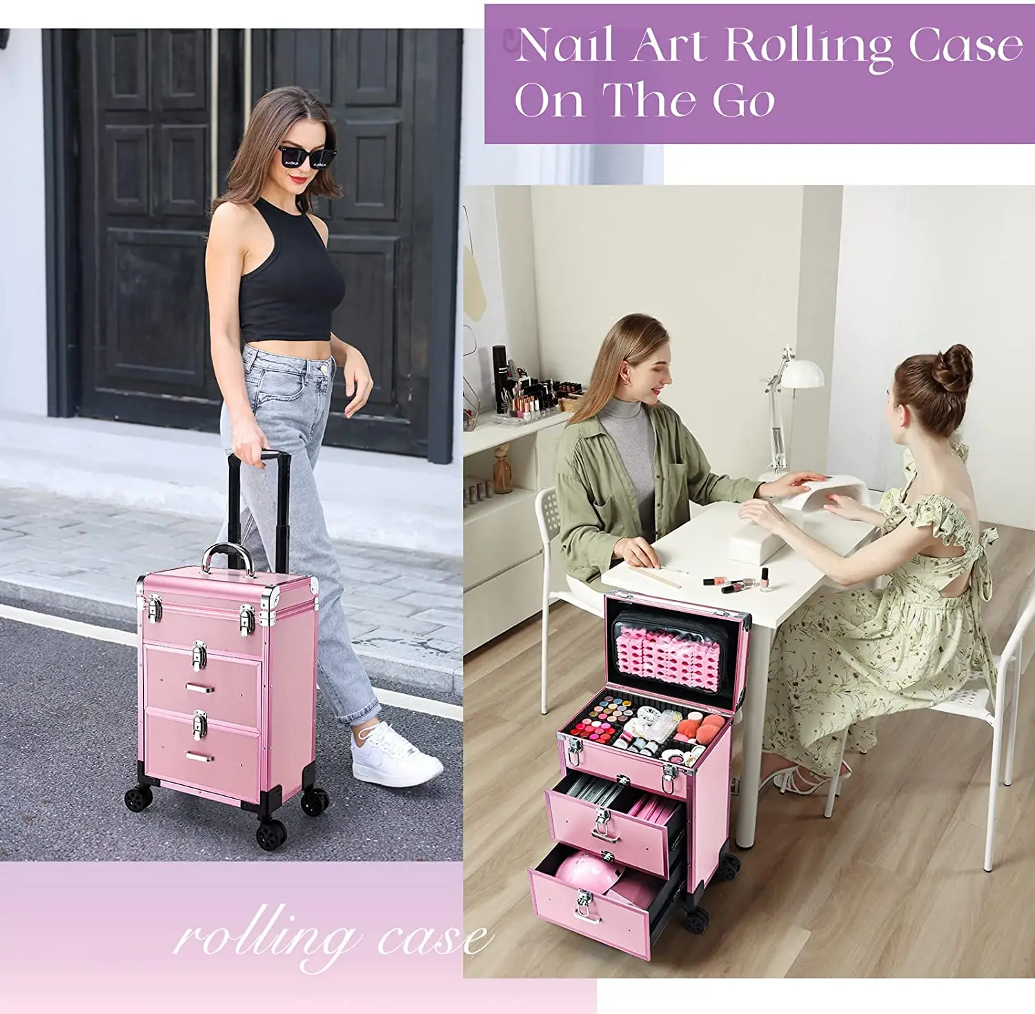 Professional Rolling Makeup Train Case with Drawers, Large Cosmetic Trolley with Locks, Cosmetics Storage Organizer Make up Case