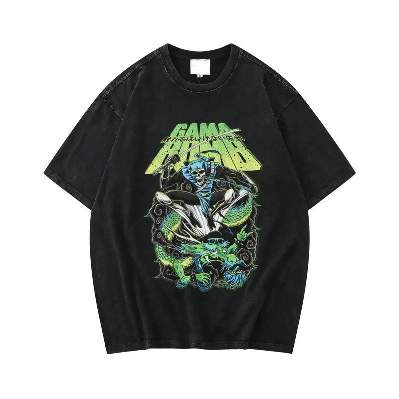 OEM Spring summer oversized high street hiphop skull washed 280g double yarn cotton custom T-shirt for men