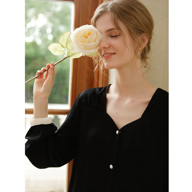 Soyal Spring Fall Satin Drill Lounge Wear Pajamas Set, Autumn Luxury Collarless Long Sleeve Women Pajamas Suit