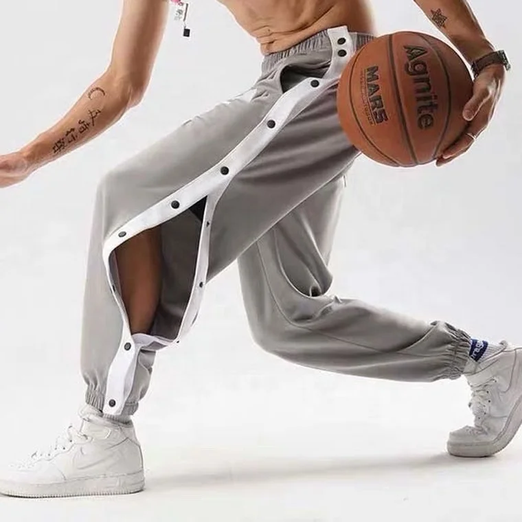 2021 Mid Waist Panel Jogger Basketball Pants Full Length Black Stripe Split Mens Street Hip Hop Side Buttons Close Sweatpants