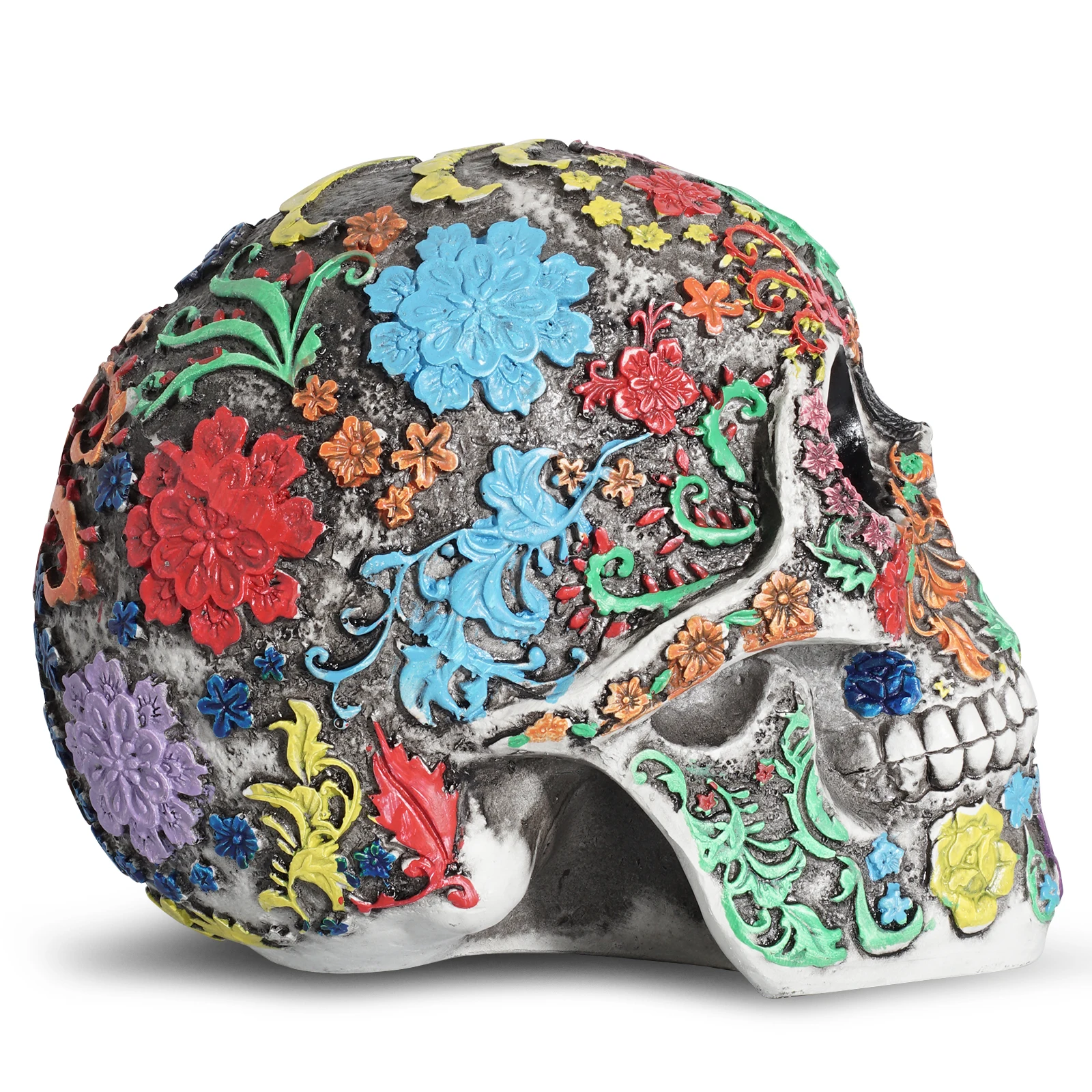 Halloween Highly Realistic Floral Pattern Human Skull Head Statue Decor