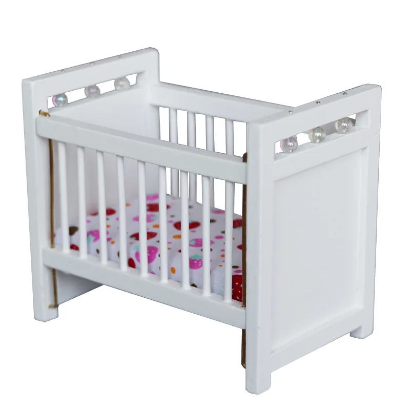 1:12 Wooden dollhouse mini furniture Baby Bed Crib Strawberry Pattern Mini Crib Doll Cradle for Dollhouse Party Kit