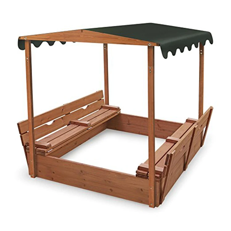 Outdoor Kids Playing Backyard Wooden Sandbox With Two Bench
