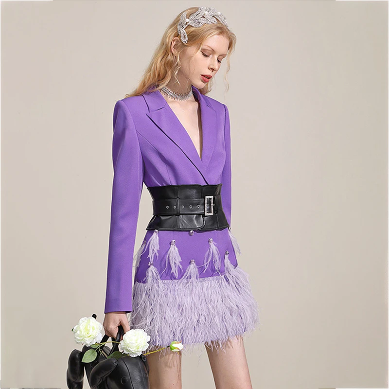 OEM ODM wholesale women slim fit beading feather hem blazer dress with leather belt