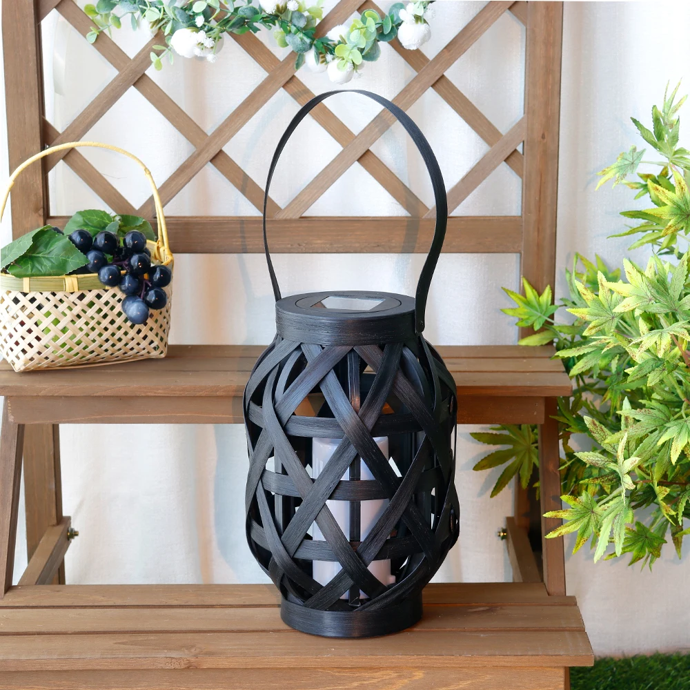 Outdoor Hanging Plastic Weaving Solar Lantern Portable Garden Solar Lamp with Solar Panel