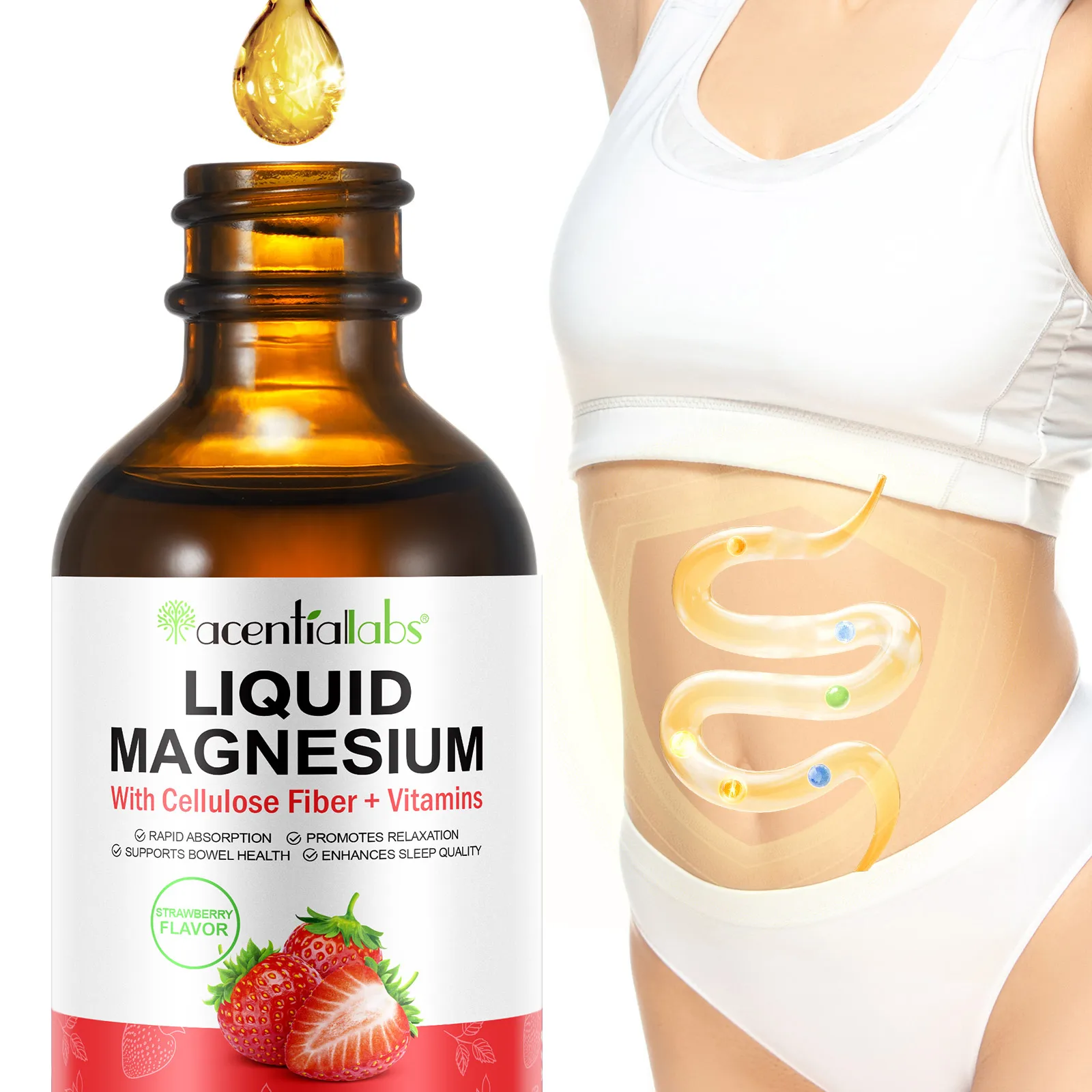Acentiallabs cellulose fiber vitamins supports bowel health 60ml magnesium glycinate supplement liquid drops magnesium glycinate