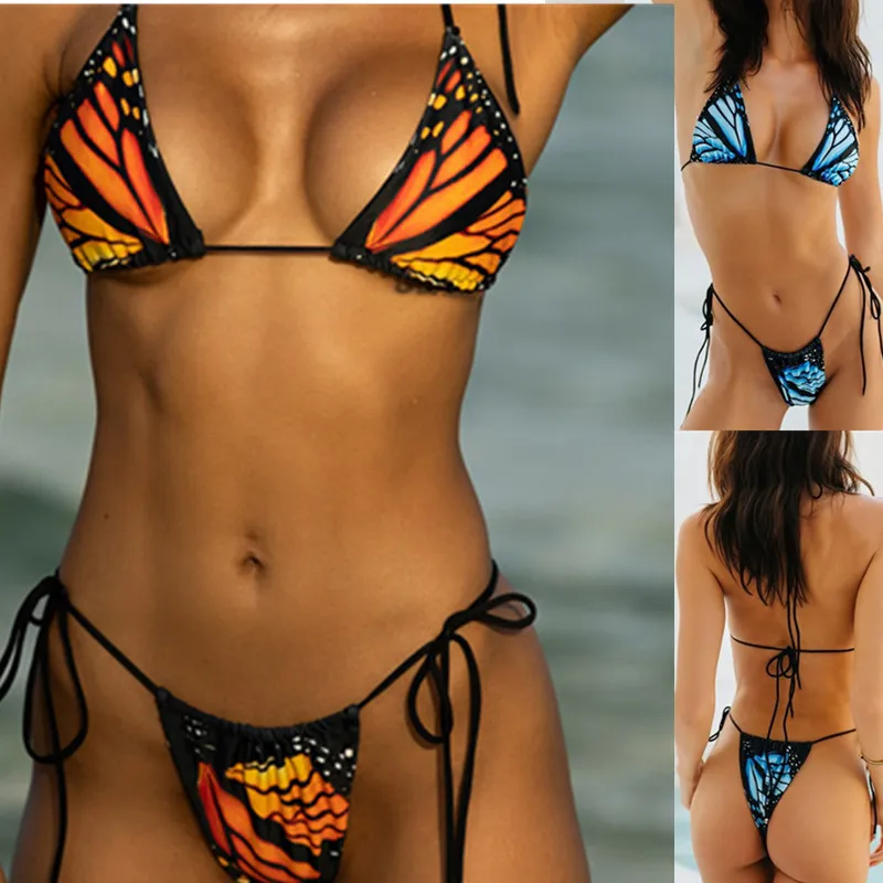 QuiteS Butterfly Print Lace-up Bikini Fashion Thong Swimsuit With Chest Pad adult mini micro bikini