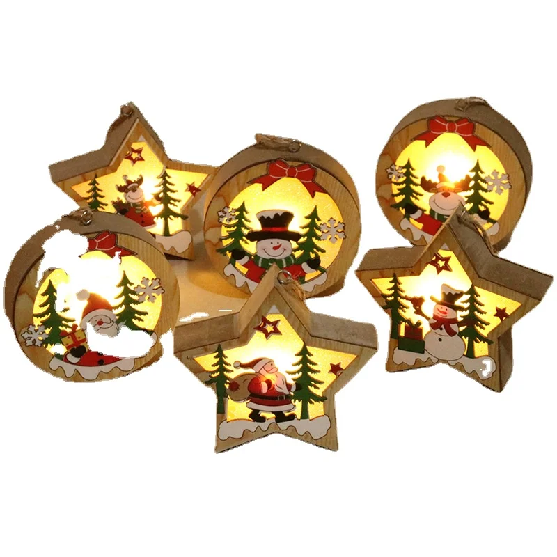 Christmas tree decoration wooden crafts with led light custom new year decoration in stock
