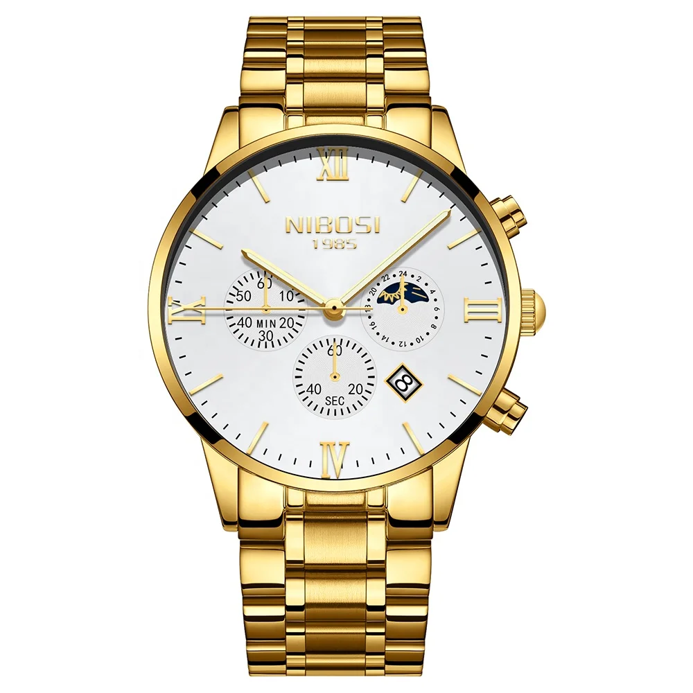 NIBOSI 2325 Fashion Mens Watches Top Brand Luxury Big Dial Quartz Watch Leather Waterproof Sport Chronograph Watch Men