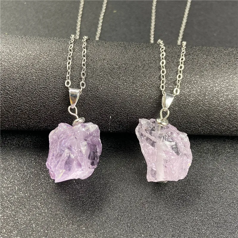 Amethyst Stone Pendant Necklace,Irregular Quartz Stone Pendant Crystal Gemstone Necklace,Clothes Chain Necklace for Women