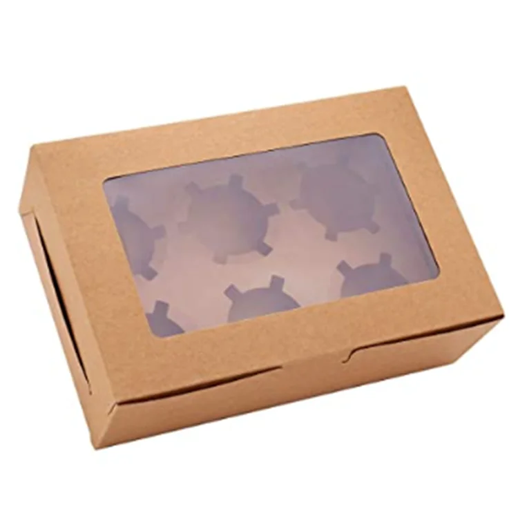  6 cavity Kraft Paper Cupcake Boxes nice Chocolate packing box with Clear Windows Containers Carriers