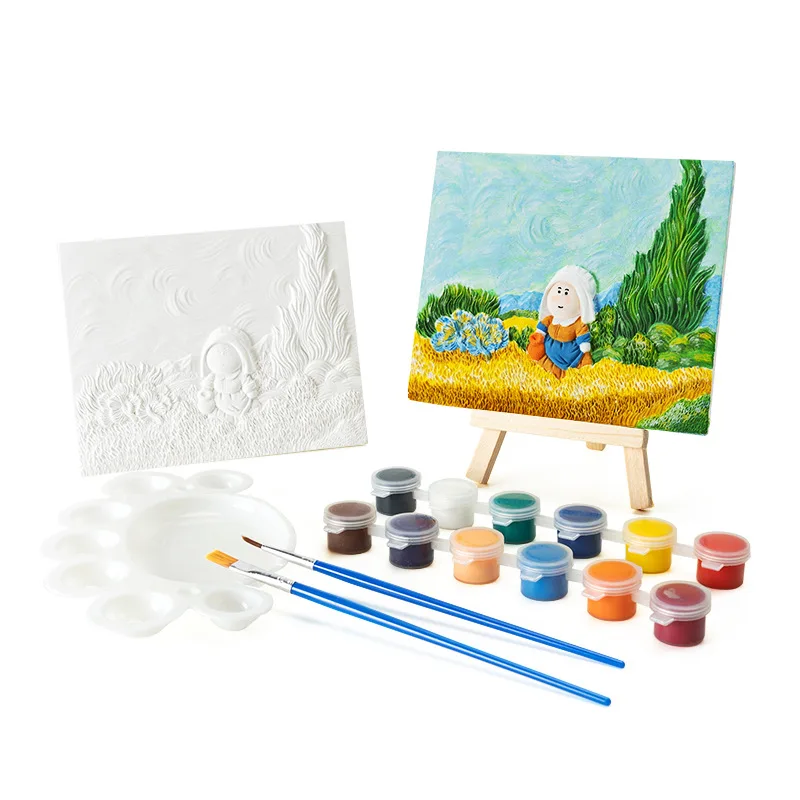 Hot selling kids coloring acrylic paint mini 3d relief painting crafts with easel