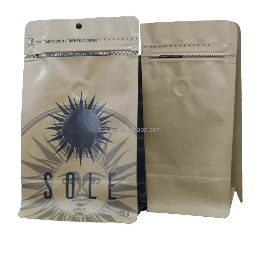 500g Colorful Custom Printed Seal Brown Kraft Paper Square Resealable Zip Valve Foil Flat Bottom Flexible Coffee Packaging Bags
