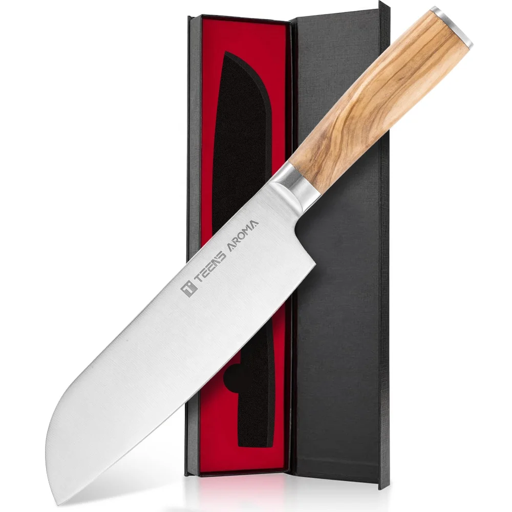 Новый дизайн 7-дюймовый кухонный нож Santoku с рукояткой из оливкового дерева острый