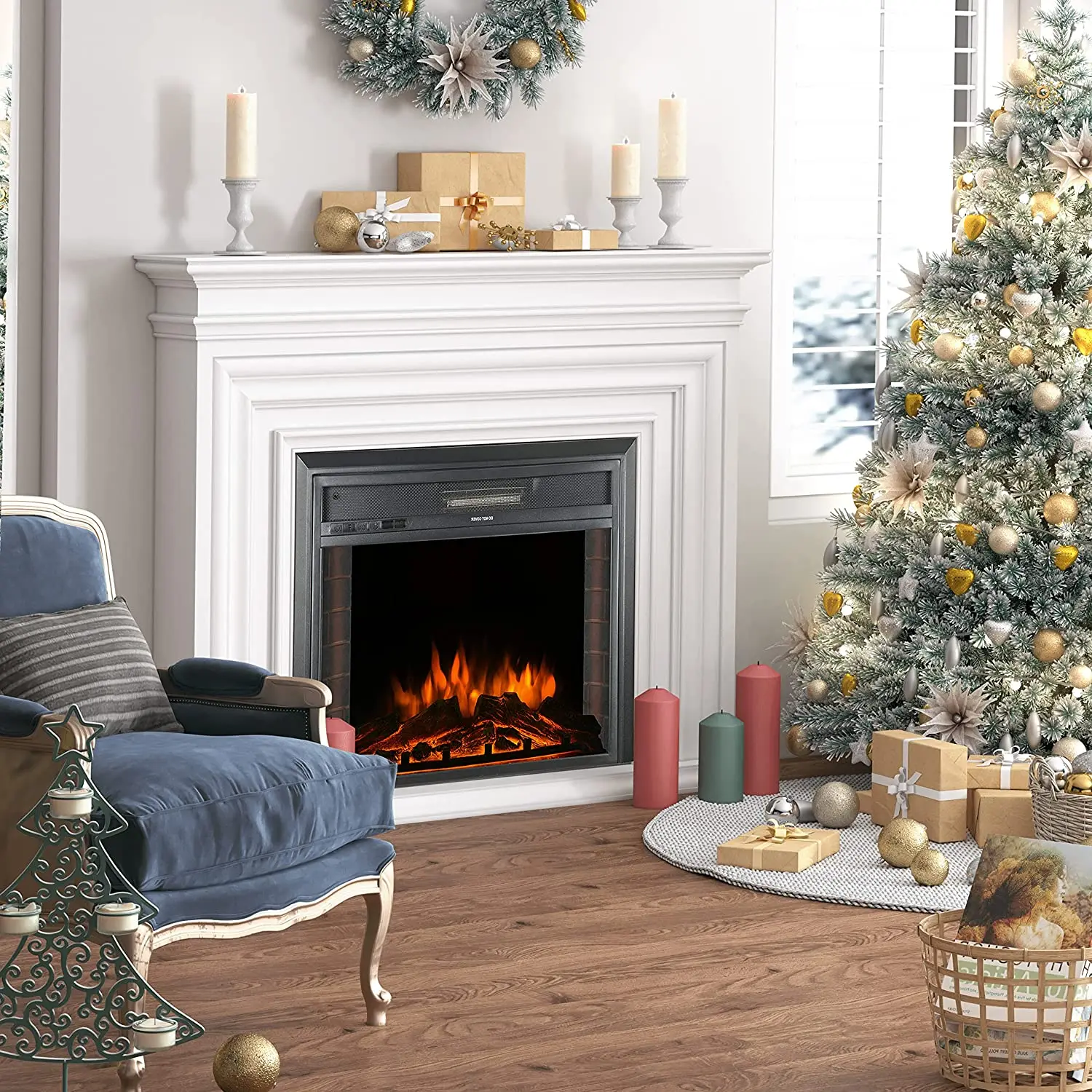 26' Curved Front Electric Fireplace Insert Artificial Flame Quartz Infrared Fireplace Heater Interior Glass View