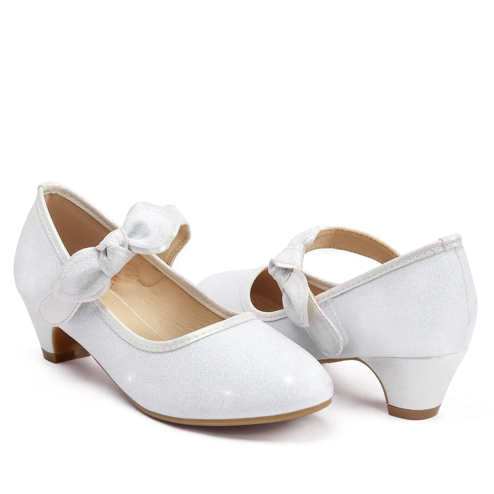 Bowknot Flower Wedding Party Glitter High Heel Mary Jane Princess Girls Dress Shoes