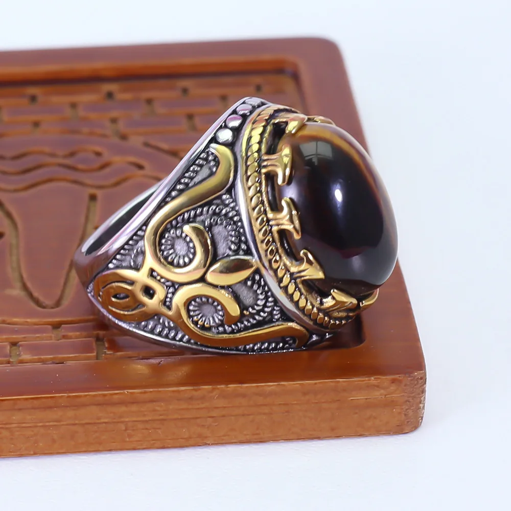 Wholesale Stainless Steel Tiger Eye Ring For Men Gold Plated Tiger Eye Stone Ring Turquoise Man Ring