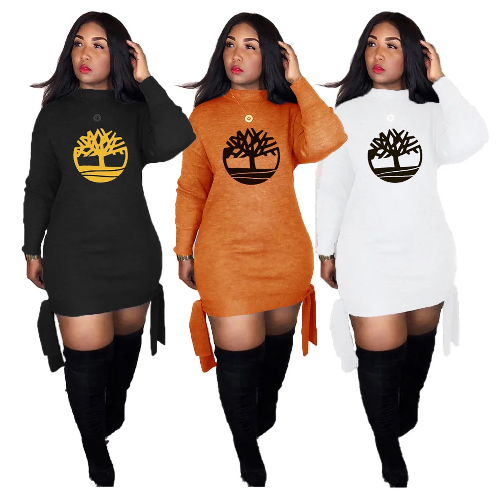 Fall Winter 3colors Women Clothes Tassels Sexy One Piece Sweatshirt Dress Print Long Sleeves Cartoon Sports Casual Dresses Loose
