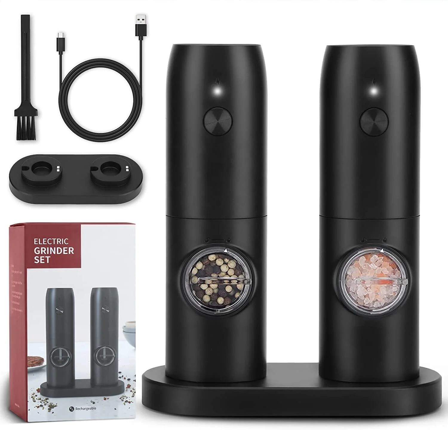 One Hand Operation Adjustable Coarseness Electric Rechargeable Salt and Pepper Grinder Mill Set with LED Light