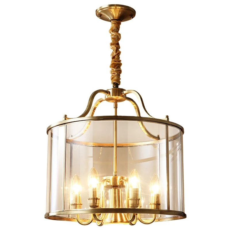 American Style Light Villa Modern Fashion Luxury Copper Color Chain Glass Pendant Lamp For Dining Room