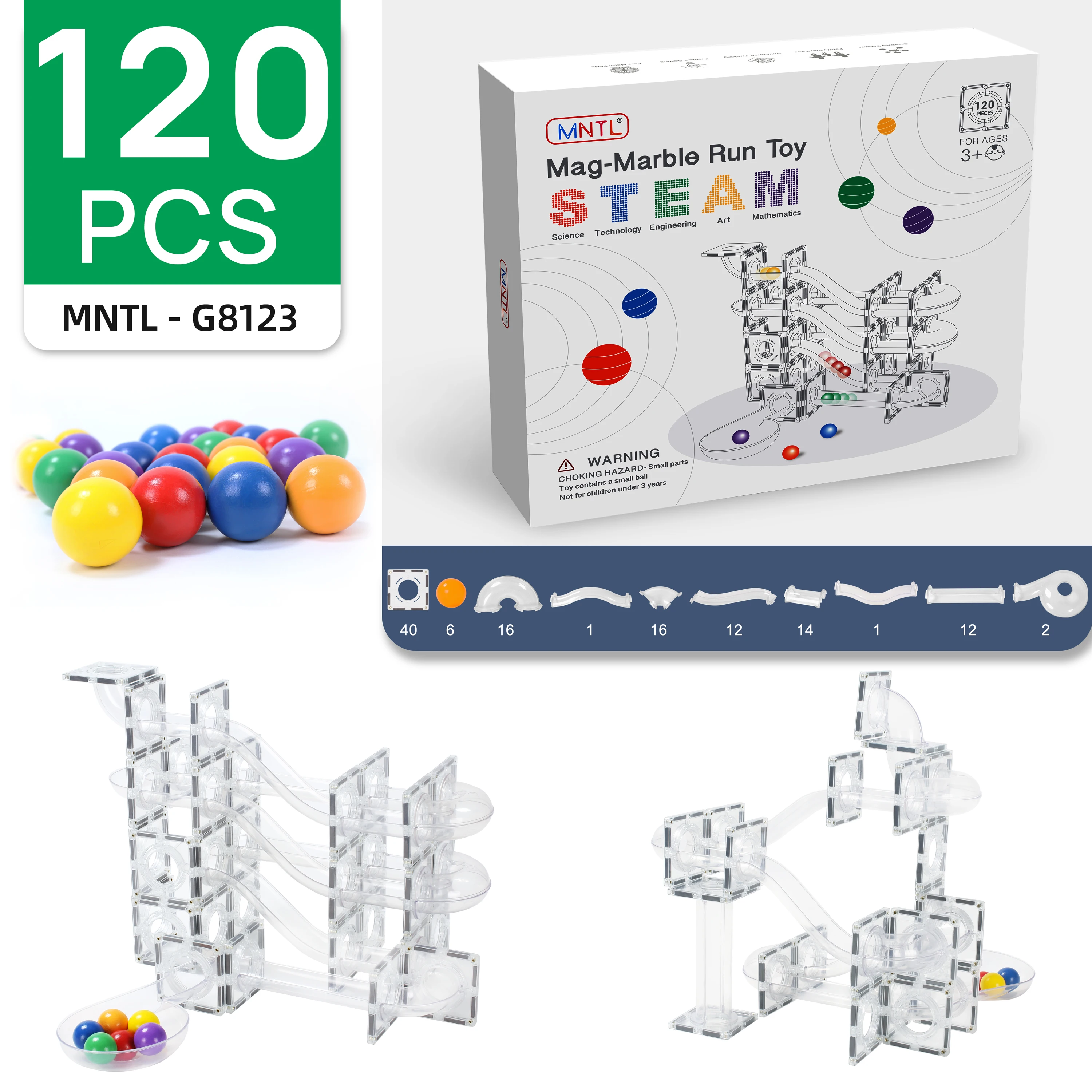 MNTL Glass Marble Run Ball 120 Piece Pipe Magnetic Blocks for Kids Magnetic Tiles Building Blocks Toys for Kids