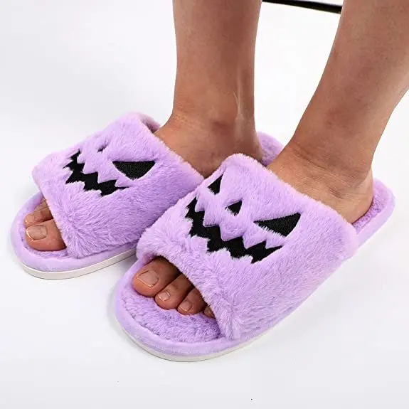 Halloween Pumpkin Lantern Slippers Autumn Soft Furry Comfort Closed Toe Slides Women Outdoor Slipper Zapatos Mujer Pumpkin Shoes