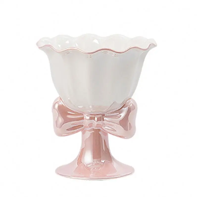 Hot selling factory direct sale 180ml ice cream cup creative cute bowknot ceramic mug for promotional gift dessert goblet