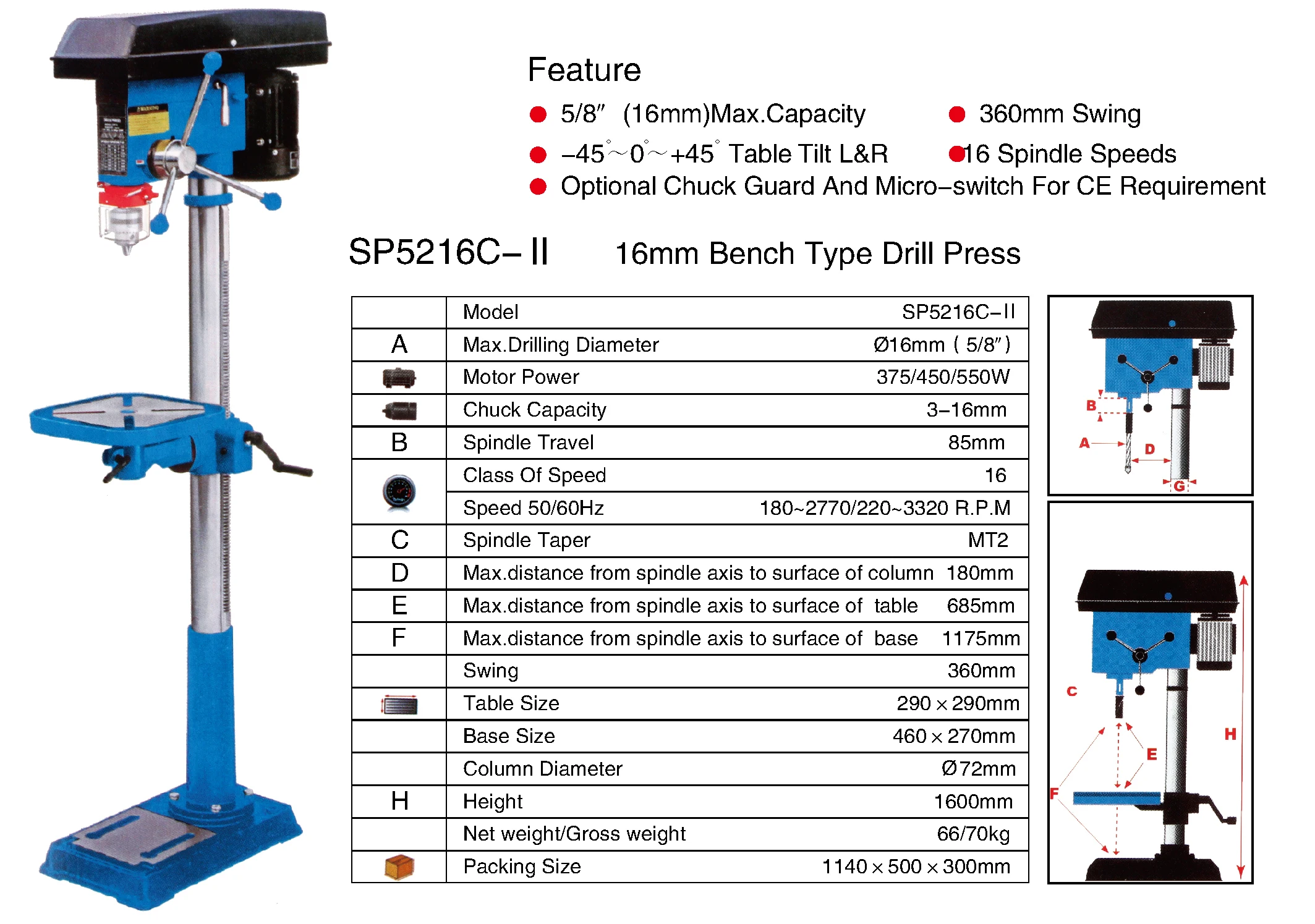 1600mm height floor type drill press 25mm factory SP5225A