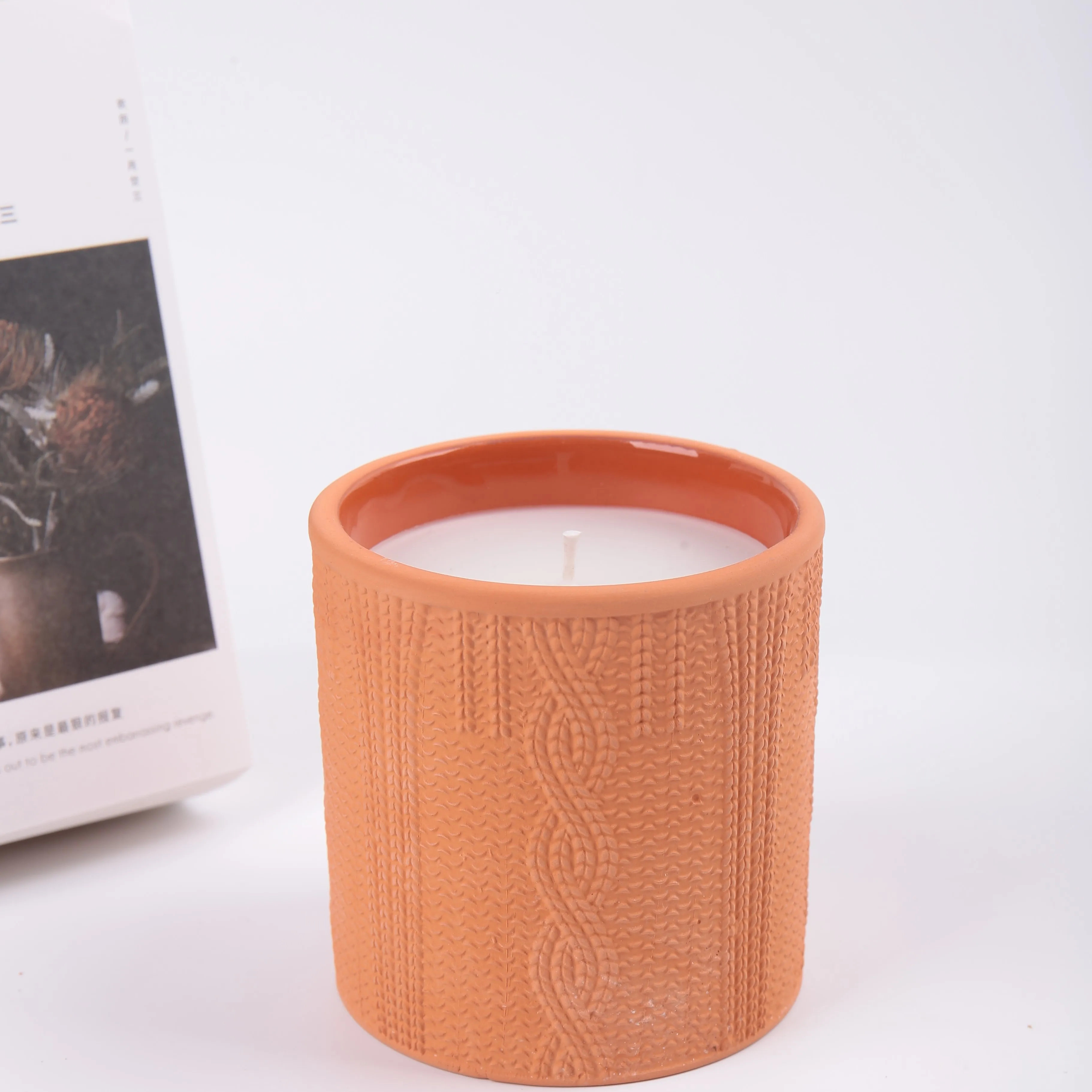 Embossed carving ceramic candle pot nordic matte ancient terracotta clay pottery candle jar