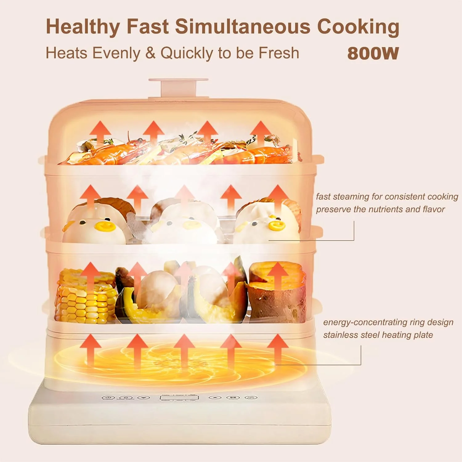 Food Steamer Steam Cooker Pot 3 Layer Large Capacity 800W Steamer Machine for Food