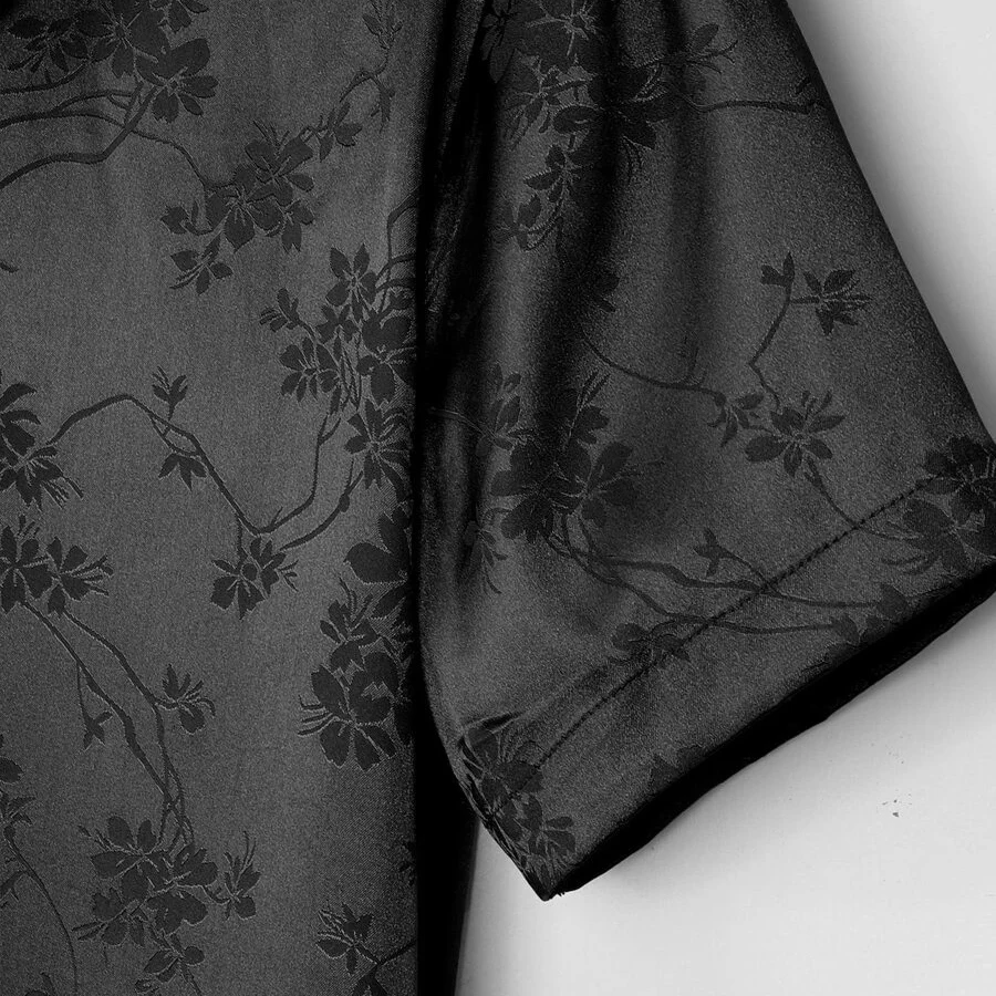 Custom Patterns Casual Turn-down Collar V-neck Flowery Embroidery 100% Satin Silk Shirt For Men