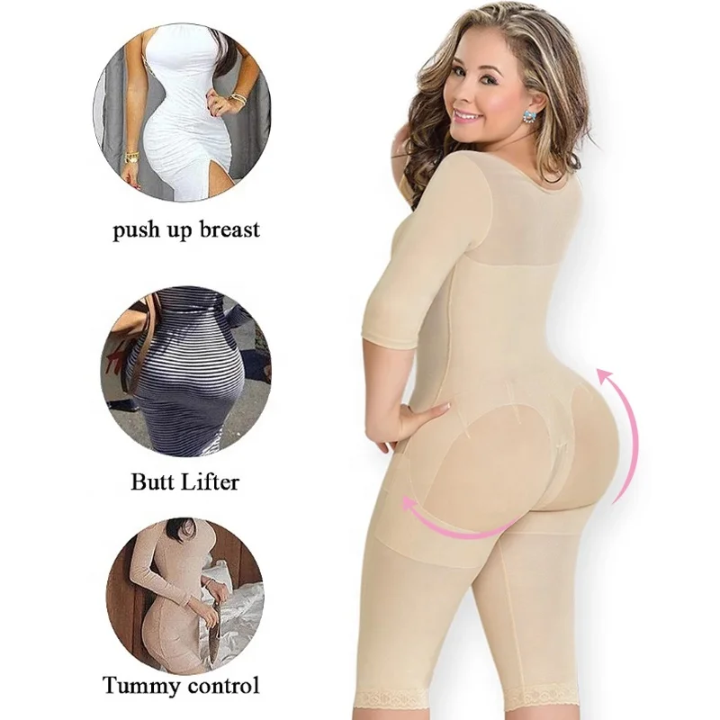 Hot Selling  Colombianas Long Sleeves Girdle Tummy Control Women Shapers Stage 2 Full Body Shapewear With Sleeves Body Suit