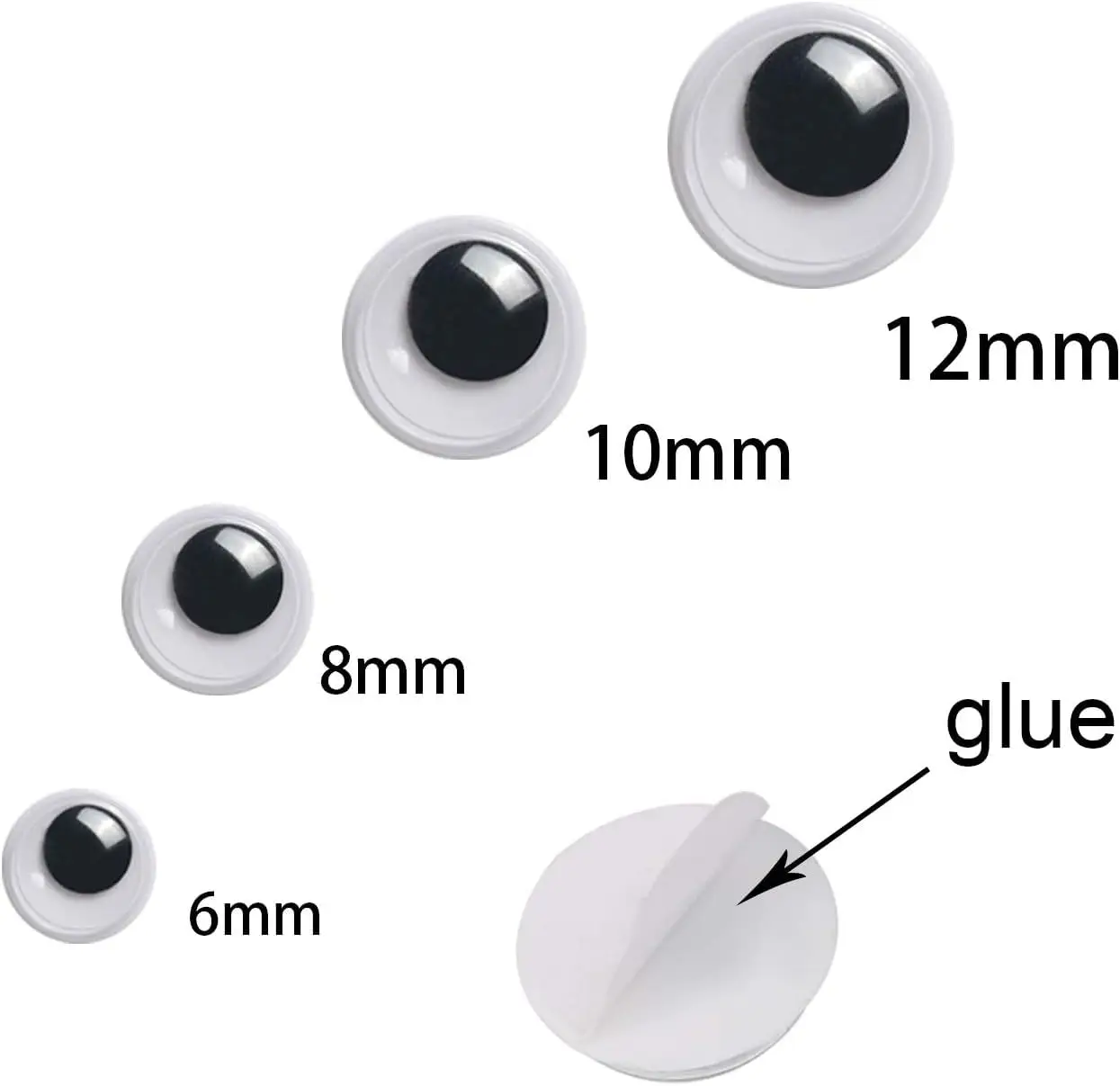 Wiggle Googly Eyes with Self-Adhesive, 6mm 8mm 10 mm 12mm Mixed Packaging