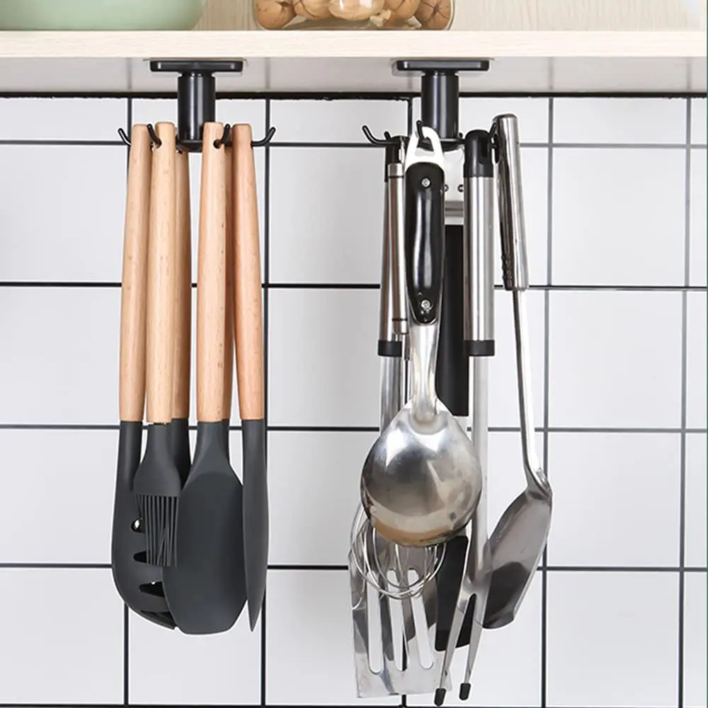 360 degrees Rotation Utility Hooks Under Cabinet Kitchen Hooks for Utensils Nail Free Adhesive Kitchen Utensils Hanging Hooks