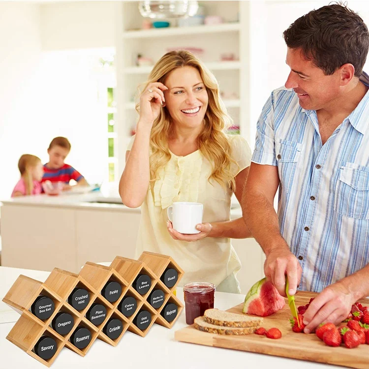 Criss-Cross 18-Jar Bamboo Countertop Spice Rack Organizer, Kitchen Cabinet Cupboard Wall Mount Door Spice Storage