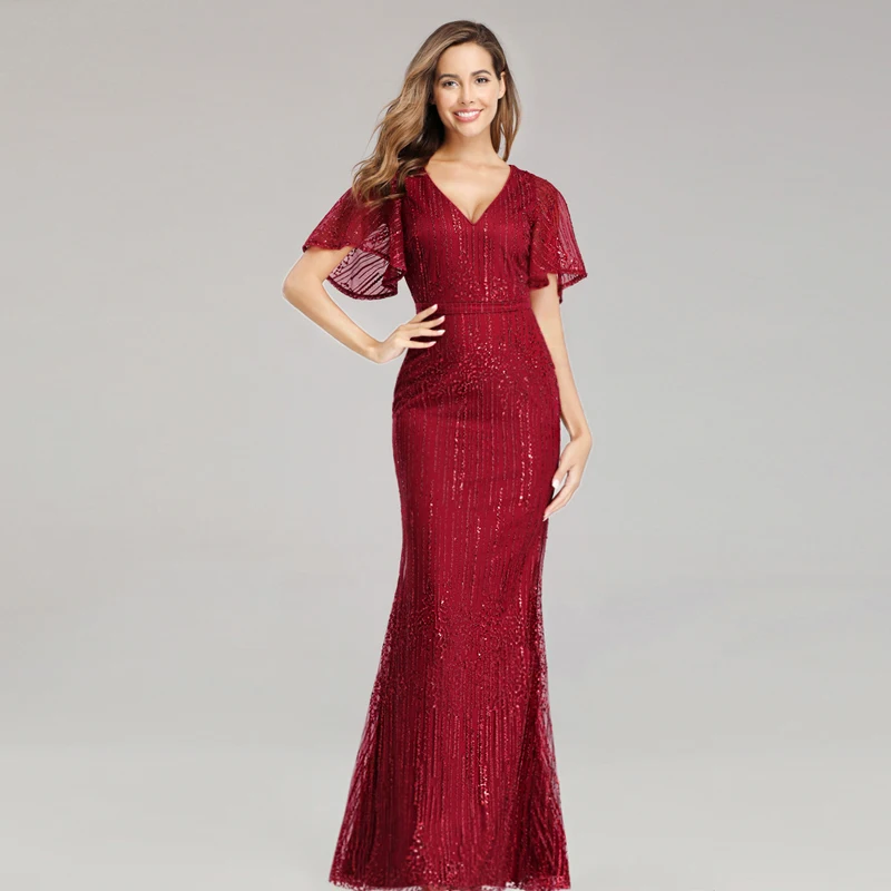 Custom Elegant Long Maxi V Neck Short Sleeve Green Long prom Evening Gown Dress for Women