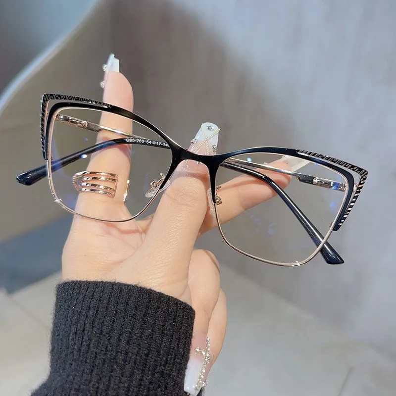 2024 Custom Logo High Quality Metal Frame Cat Eye Eyewear Glasses Reading Blue Light Blocking Optical Spectacle Glasses Frame