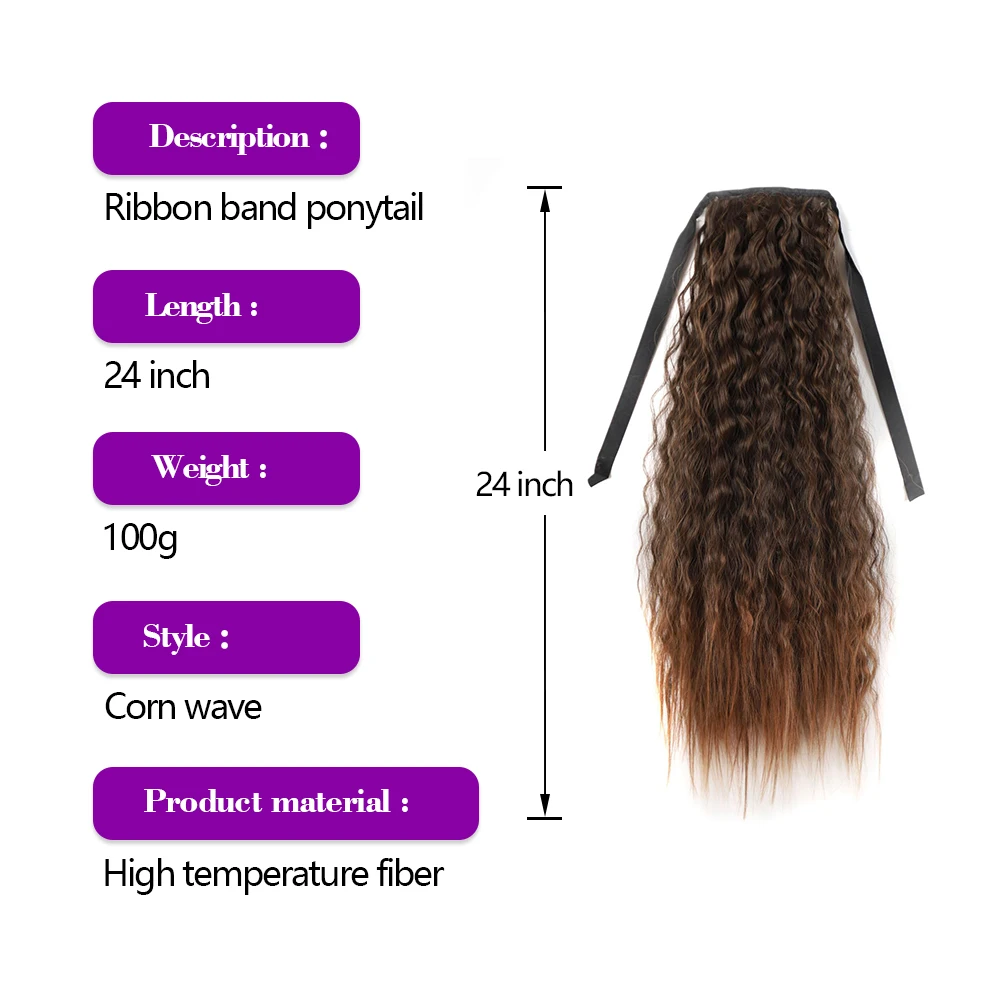 Wholesale 24 Inch Clip in Synthetic Pony Tail Hair Extensions Straps Tie up Corn Wave Curly Hair Ponytail Hairpiece